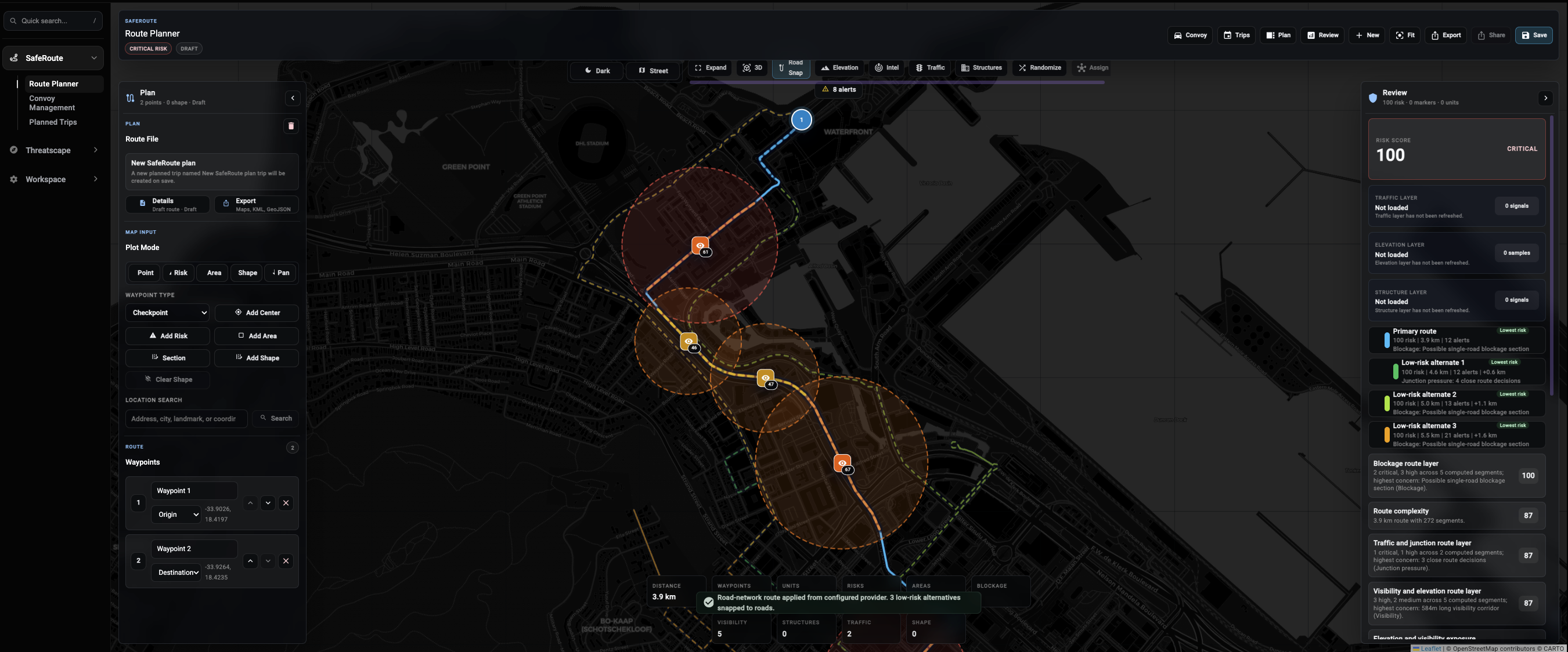 SafeRoute route planner showing convoy route risk overlays and route review panel