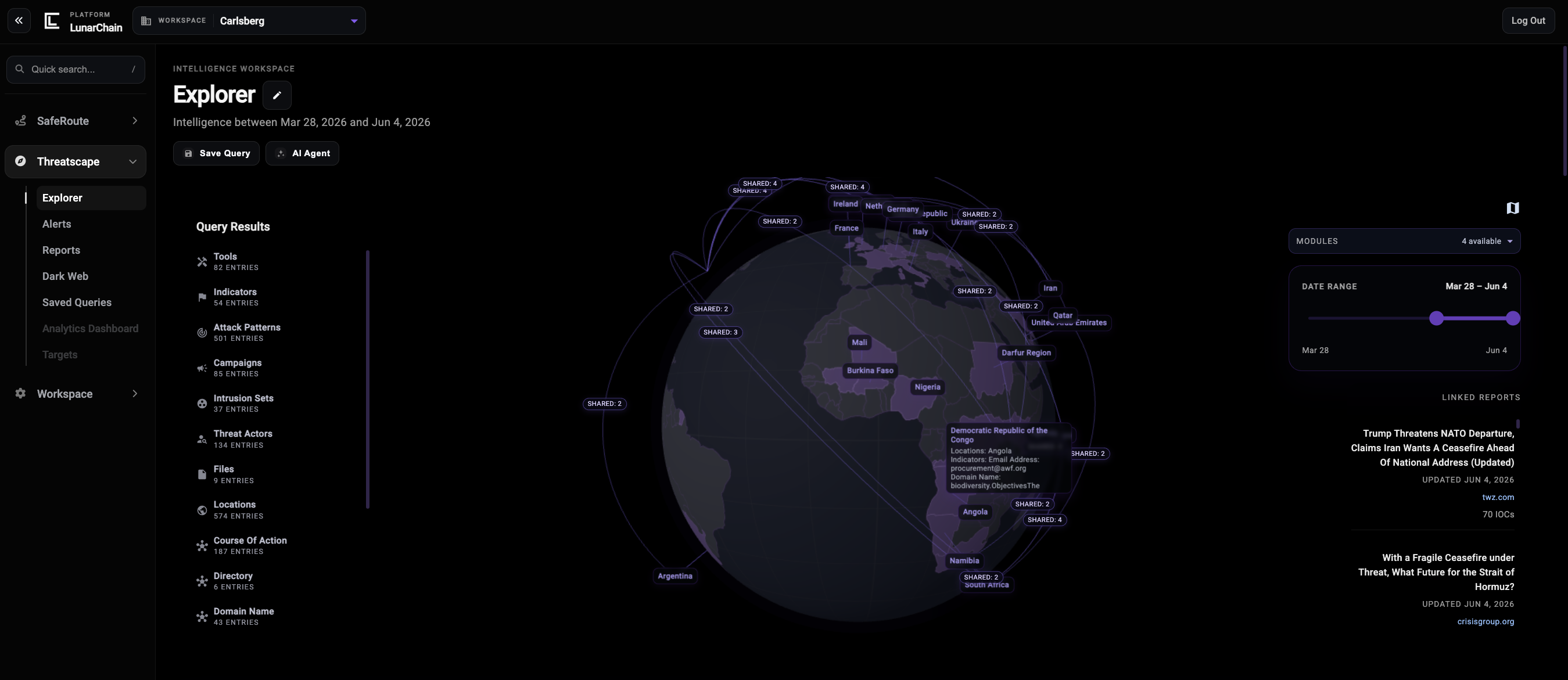 ThreatScape Explorer intelligence workspace showing a graph map and linked report context